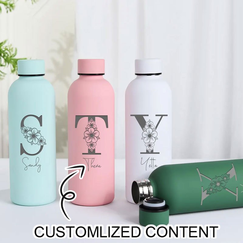 Flask Stainless Steel - Personalized Floral Initial Water Bottle Custom
