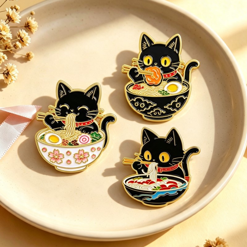 Cute Black Cat Eating Noodles  - Lapel Pin Enamel ulasan dan harga