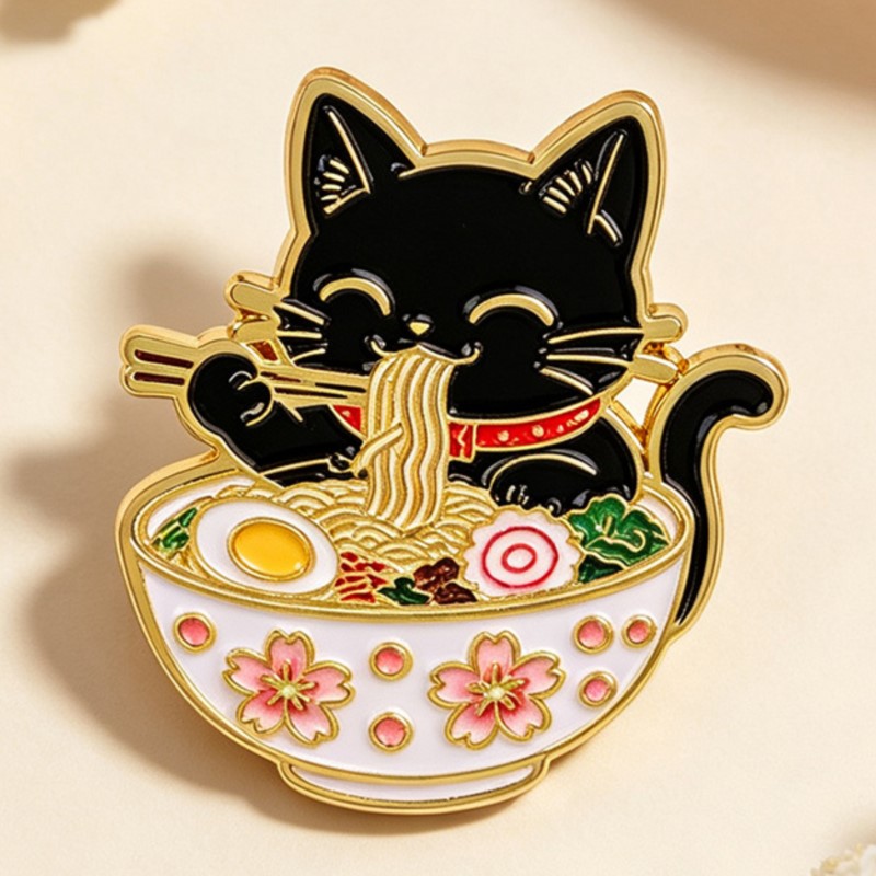 Cute Black Cat Eating Noodles  - Lapel Pin Enamel ulasan dan harga